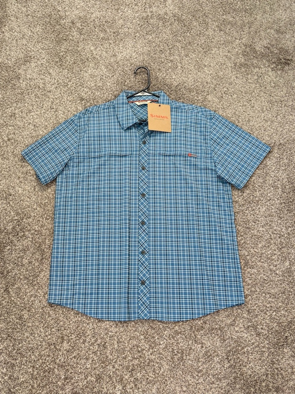 Simms Short Sleeve Shirt Blue White Mens L Fishing Stretch Fishing Outdoors